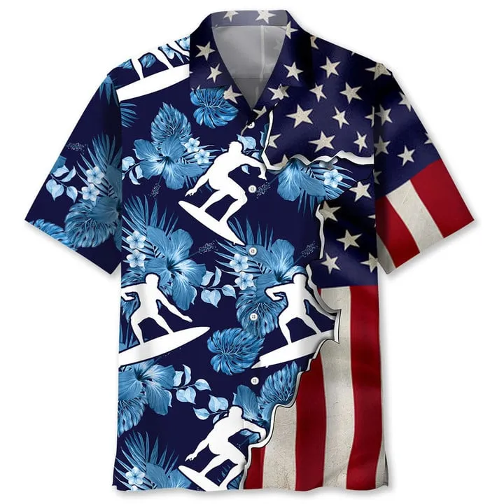 Surfing Tropical Us Flag Hawaiian Shirt, Short Sleeve Summer Vacation Beach Shirts for men