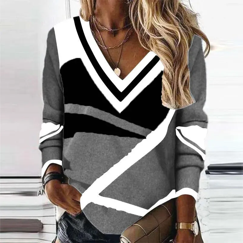 Sweater Autumn V Neck Geometric Print Loose Long Sleeve*