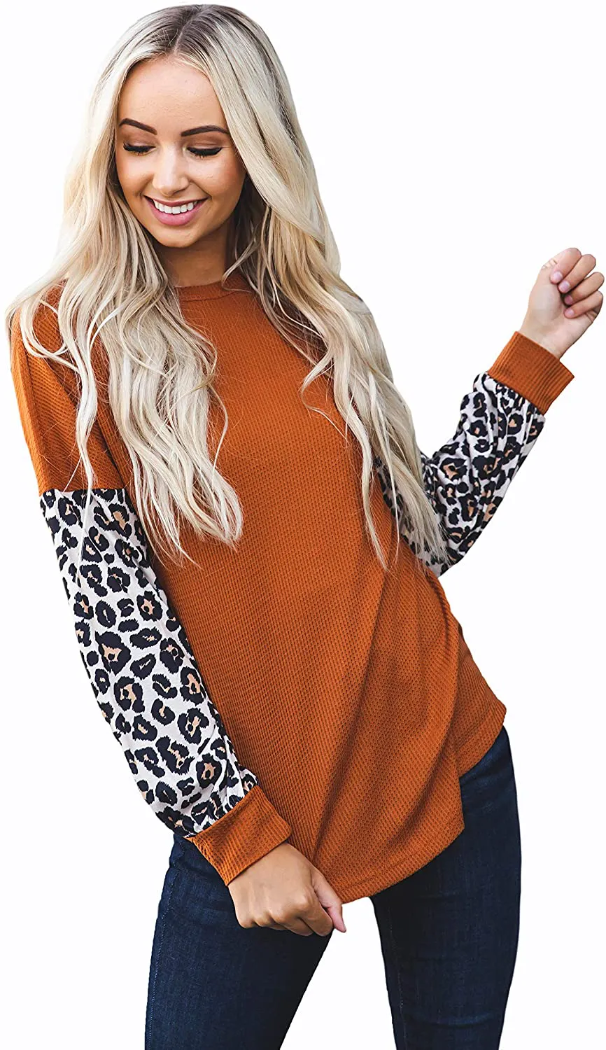 Tickled Teal Women's Long Sleeve Leopard Knit Casual Loose Sweater Outerwear