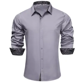 Ties2you Business Shirts Grey Solid Splicing Paisley Silk Mens Button Down Long Sleeve Shirt