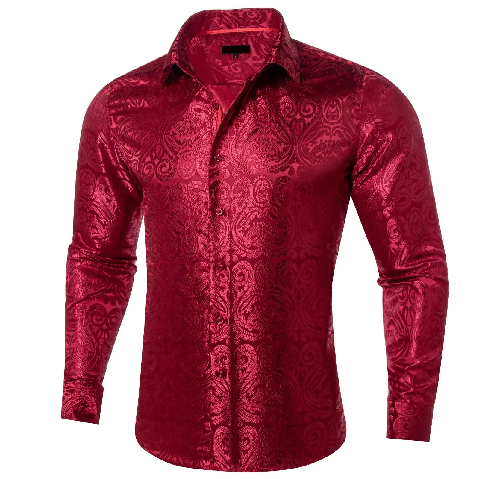 Ties2you Dress Shirt Burgundy Paisley Long Sleeve Mens Silk Button Up Wedding Shirt