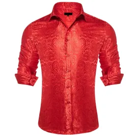 Ties2you Dress Shirt Coral Red Paisley Long Sleeve Silk Button Up Mens Shirt for Wedding