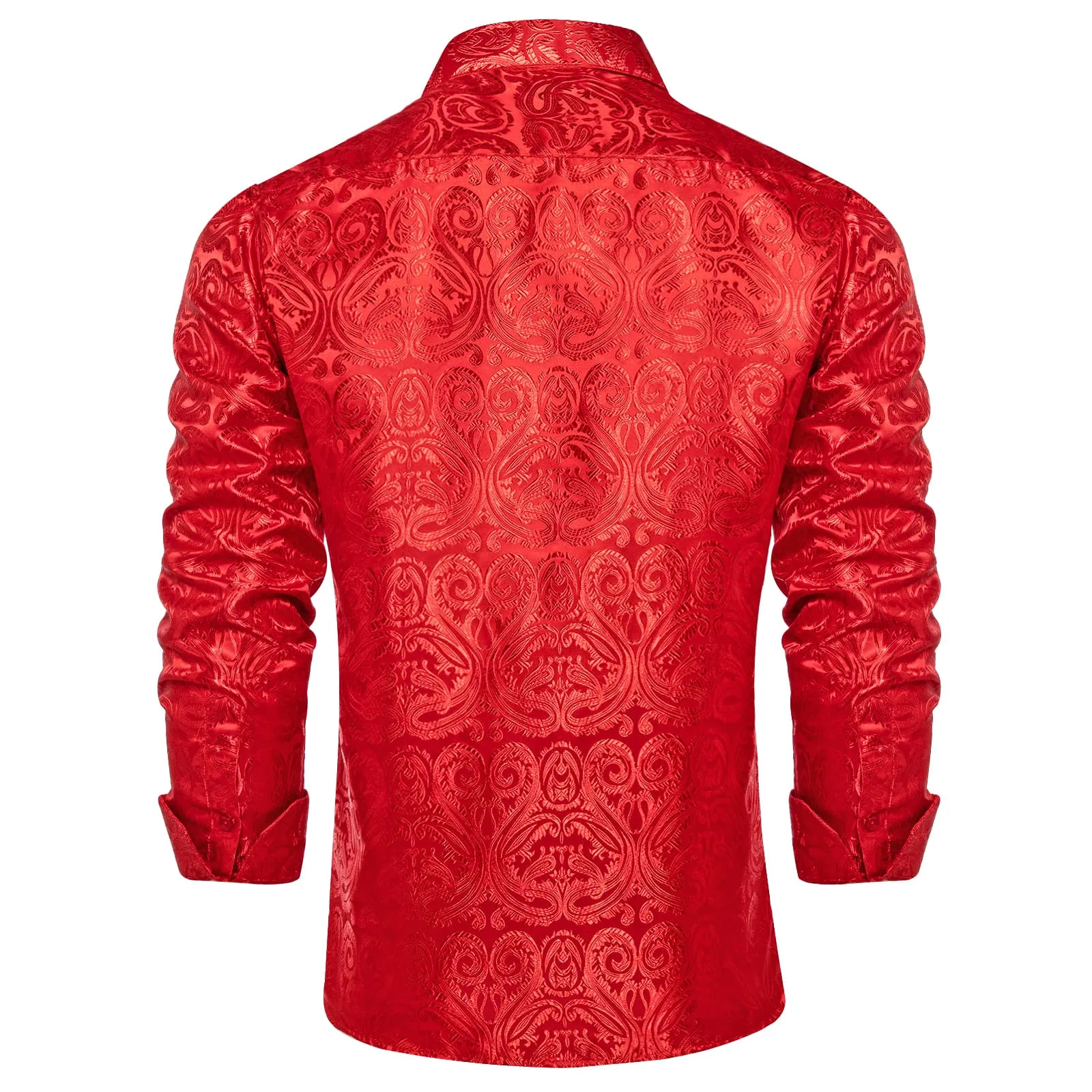 Ties2you Dress Shirt Coral Red Paisley Long Sleeve Silk Button Up Mens Shirt for Wedding