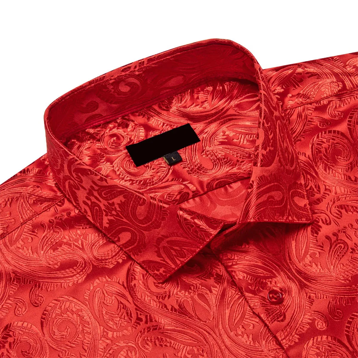 Ties2you Dress Shirt Coral Red Paisley Long Sleeve Silk Button Up Mens Shirt for Wedding