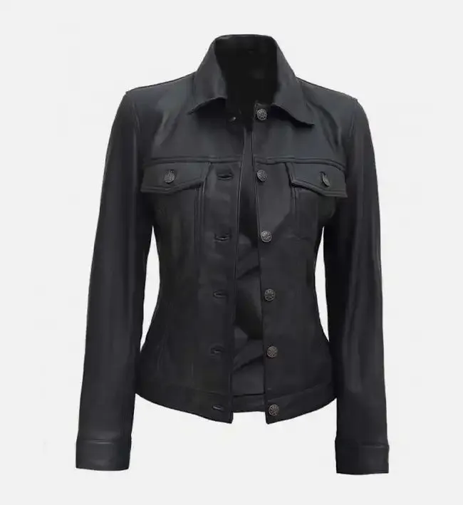 Women Black Leather Trucker Jacket