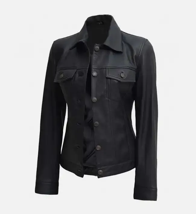 Women Black Leather Trucker Jacket