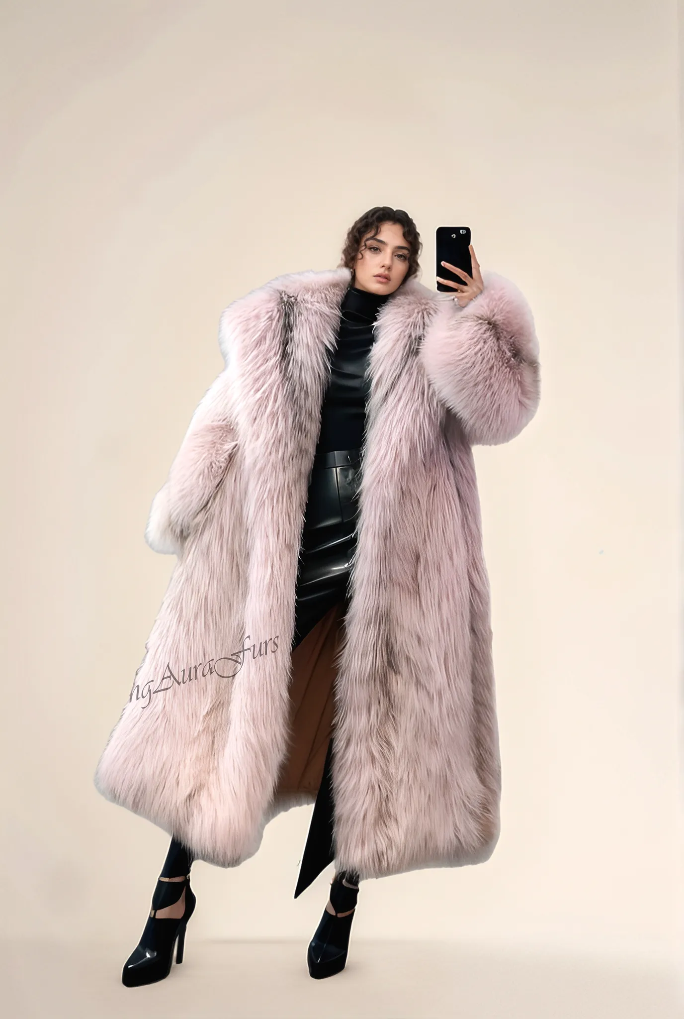 Women's Long Fox Fur Coat with Fur Collar - Arctic Marble Fox - G0015