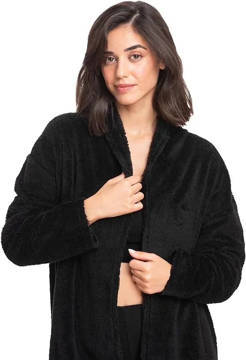 Women's Open Sherpa Jacket - Ultimate Cozy Chic for Winter & Fall, Black