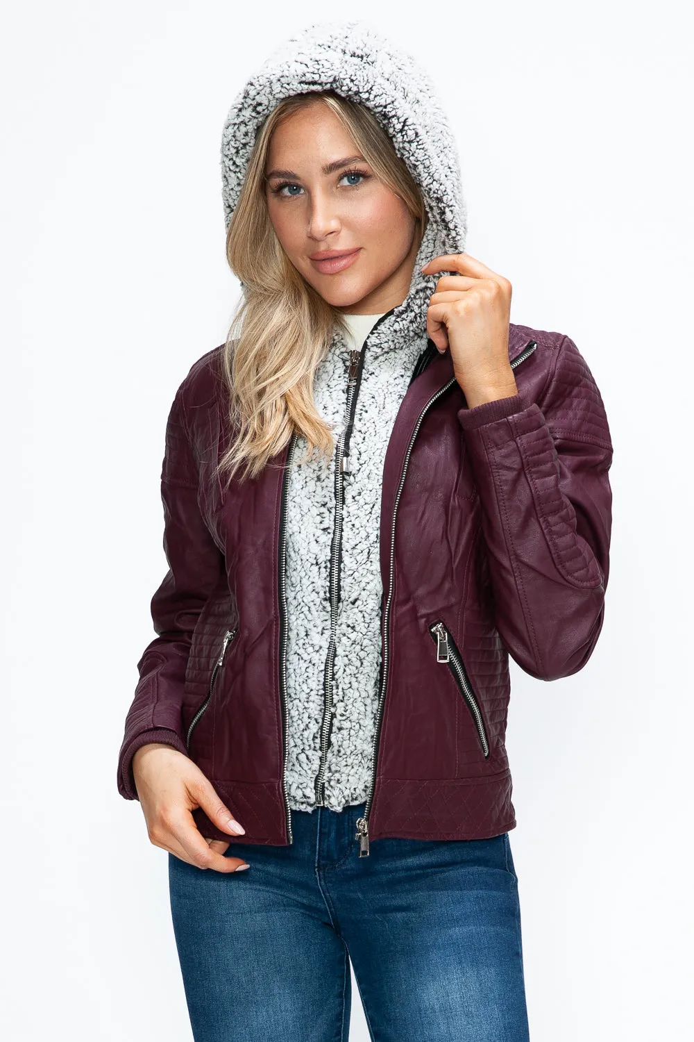 YMI Faux Layered Double-Zipper Jacket with Fuzzy Hood