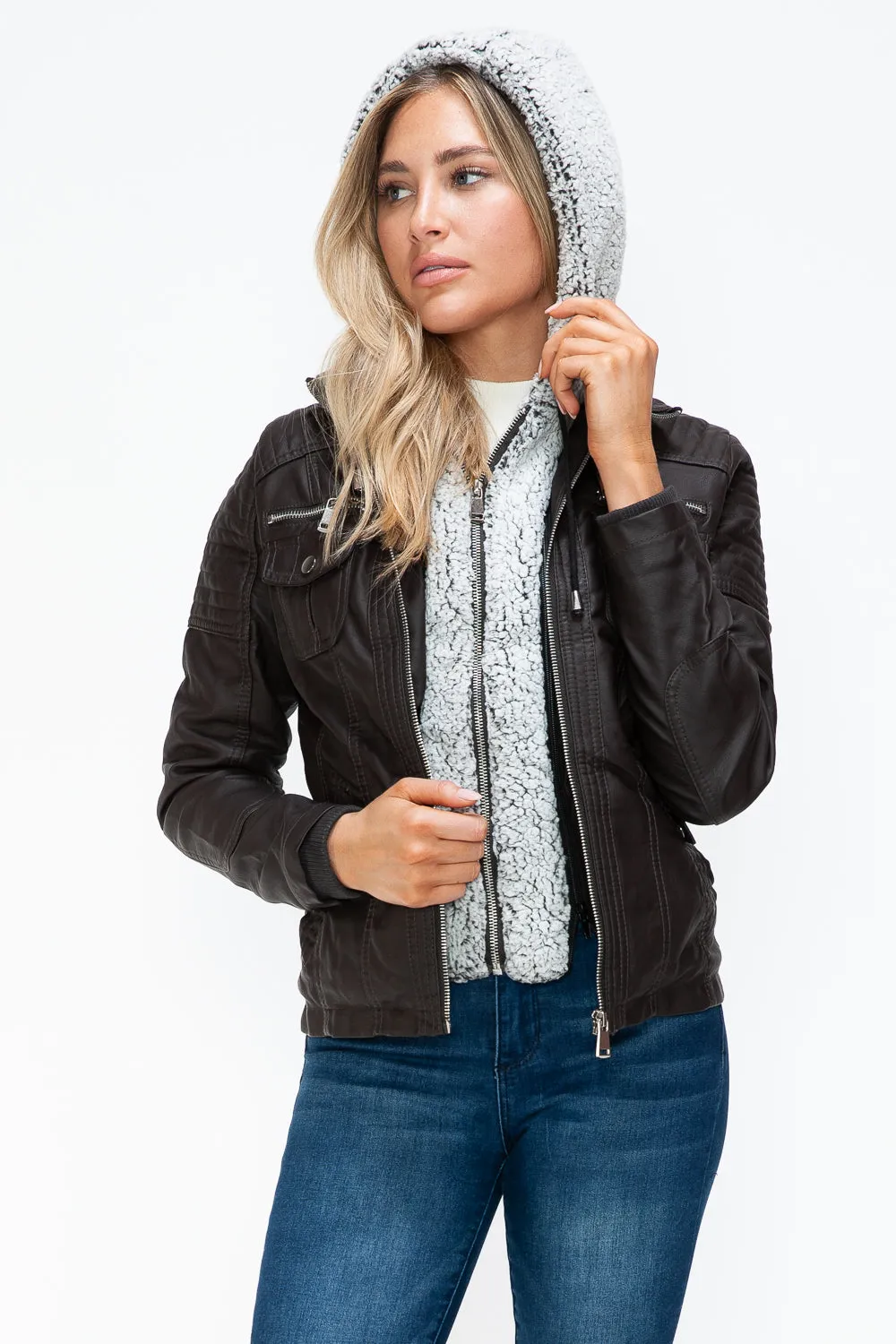 YMI Women Jacket Removable Faux Layered Multi-Pocket with Fuzzy Hood