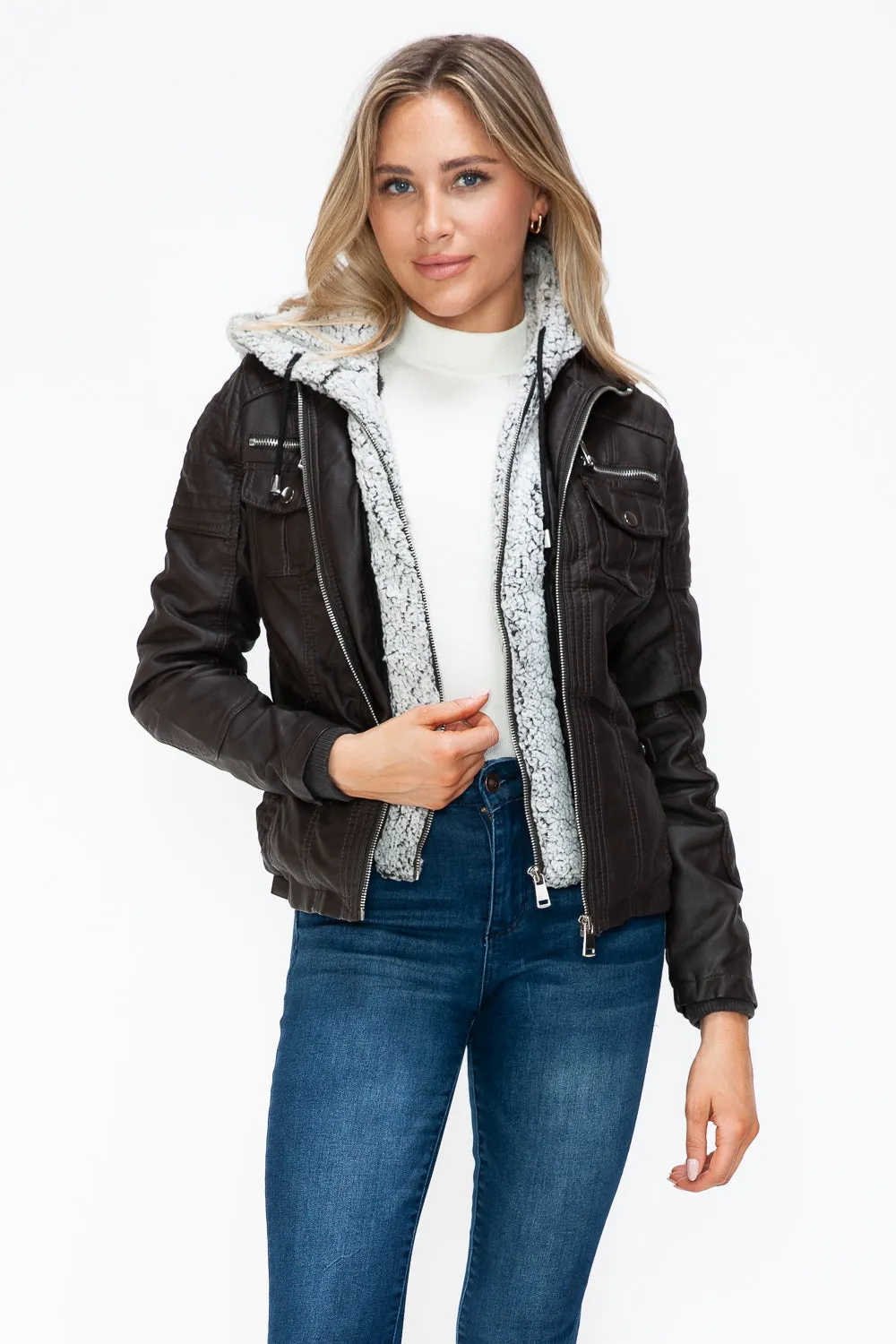 YMI Women Jacket Removable Faux Layered Multi-Pocket with Fuzzy Hood